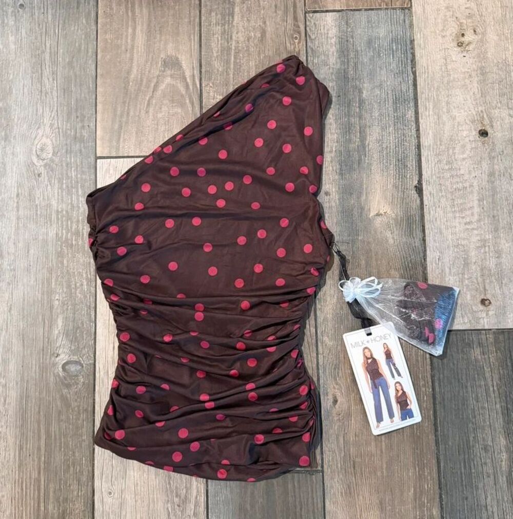 Y2k Style Brown and Pink Polka Dot One Shoulder Top